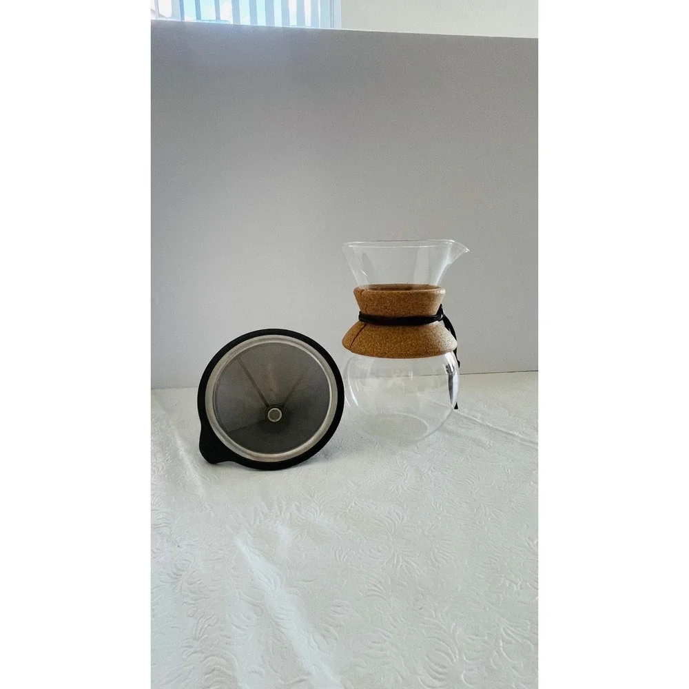 Bodum Pour Over Coffee Maker 34oz Clear Glass Cork Sleeve Stainless Steel Filter
